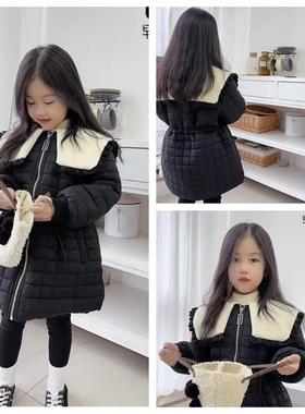 早安家童装冬款女童大翻领收腰中长款夹棉外套保暖压格棉袄24825