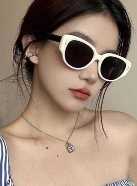 墨镜女款高级感方圆脸复古猫眼白色框小防紫外线2024新款太阳眼镜