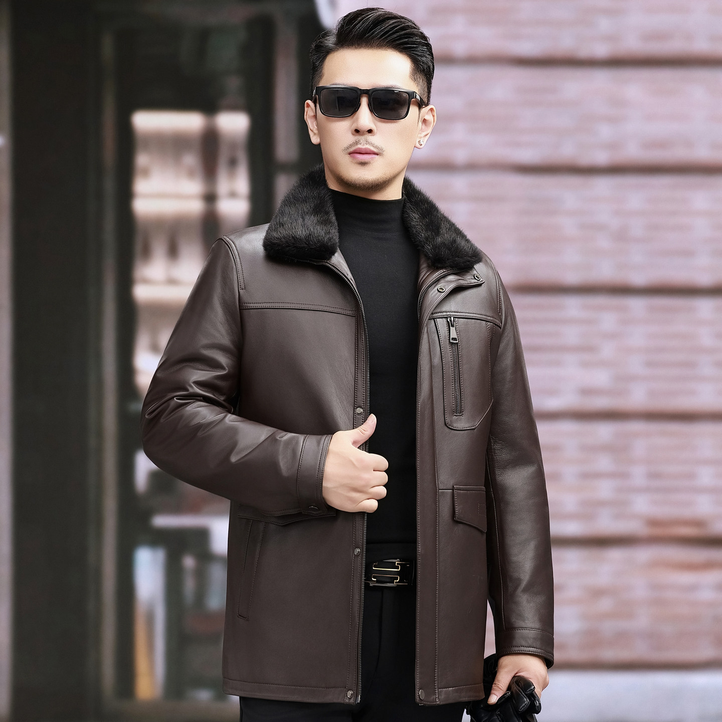 冬季海宁头层绵羊皮真皮皮衣男中老年爸爸装皮夹克皮克服羽绒外套