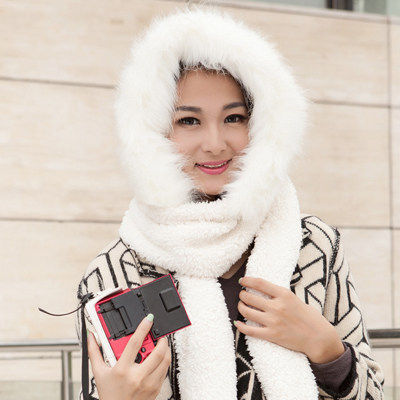 韩版女士 连体围脖可爱双层加厚毛线冬天围巾 帽子 手套三件一体