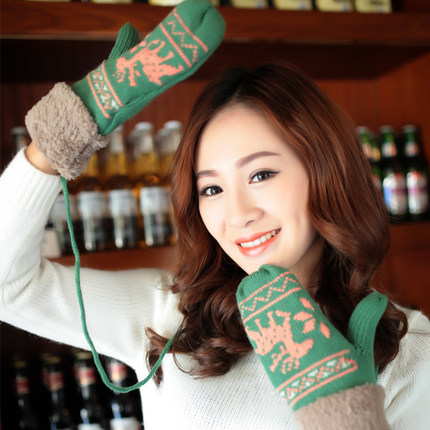 韩版可爱冬季加厚加绒针织毛线连指手套 冬天保暖女士手套 带挂绳