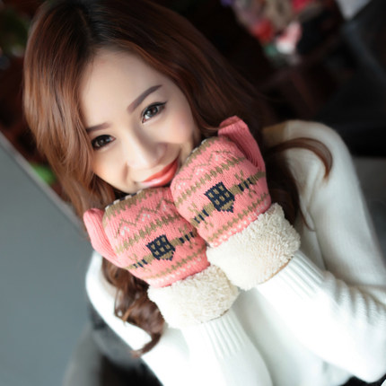 韩版可爱冬季加厚加绒针织毛线连指手套 冬天保暖女士手套 全指款