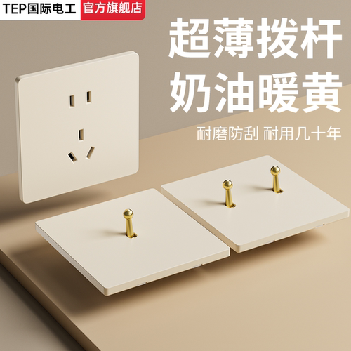 国际电工奶油风黄铜拨杆开关插座