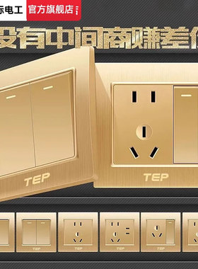 国际电工86型暗装拉丝金一开五孔开关面板电源插座墙壁空调家用