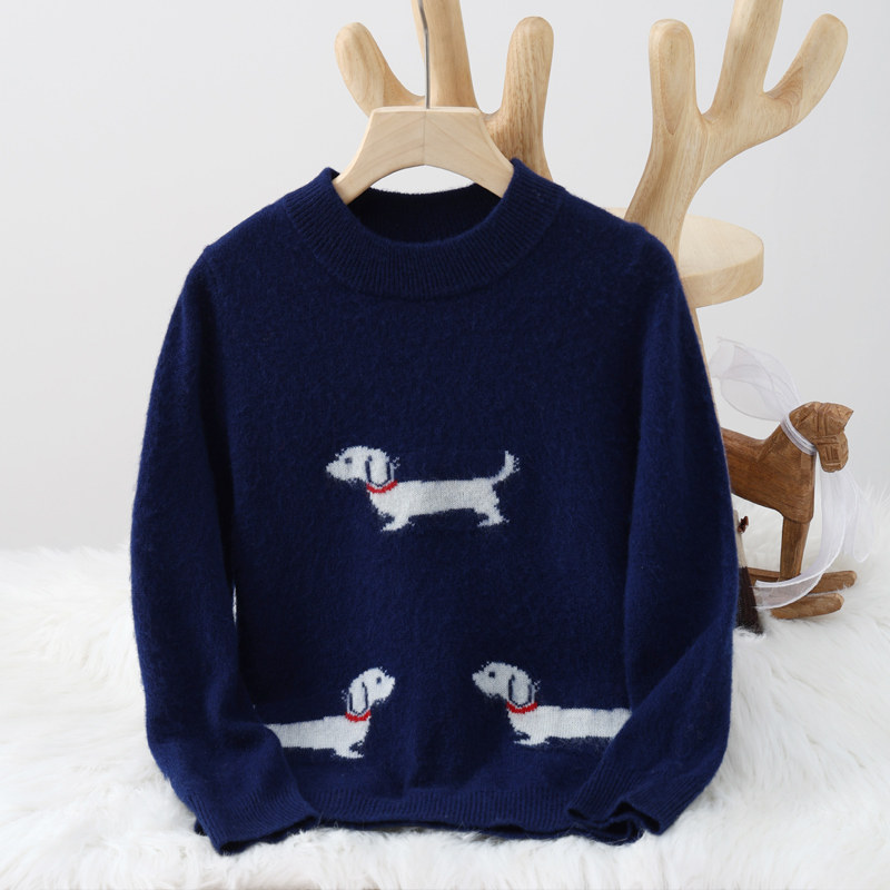 秋冬儿童圆领毛衣100%纯羊毛男女童小狗刺绣提花加厚羊毛衫打底衫