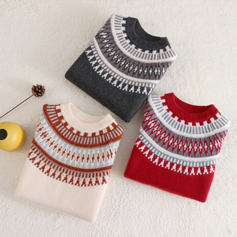 儿童加厚羊毛衫100%纯羊毛男女童秋冬圆领针织套头打底衫保暖毛衣