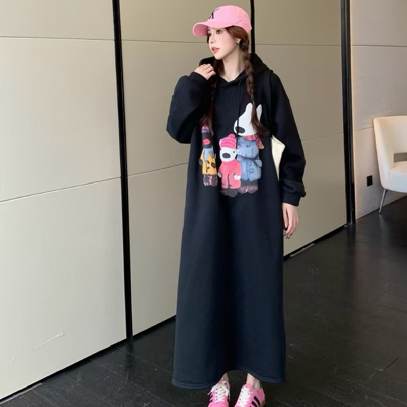 加厚加绒连帽卫衣裙女中长款宽松慵懒风连衣裙子秋冬卡通印花长裙
