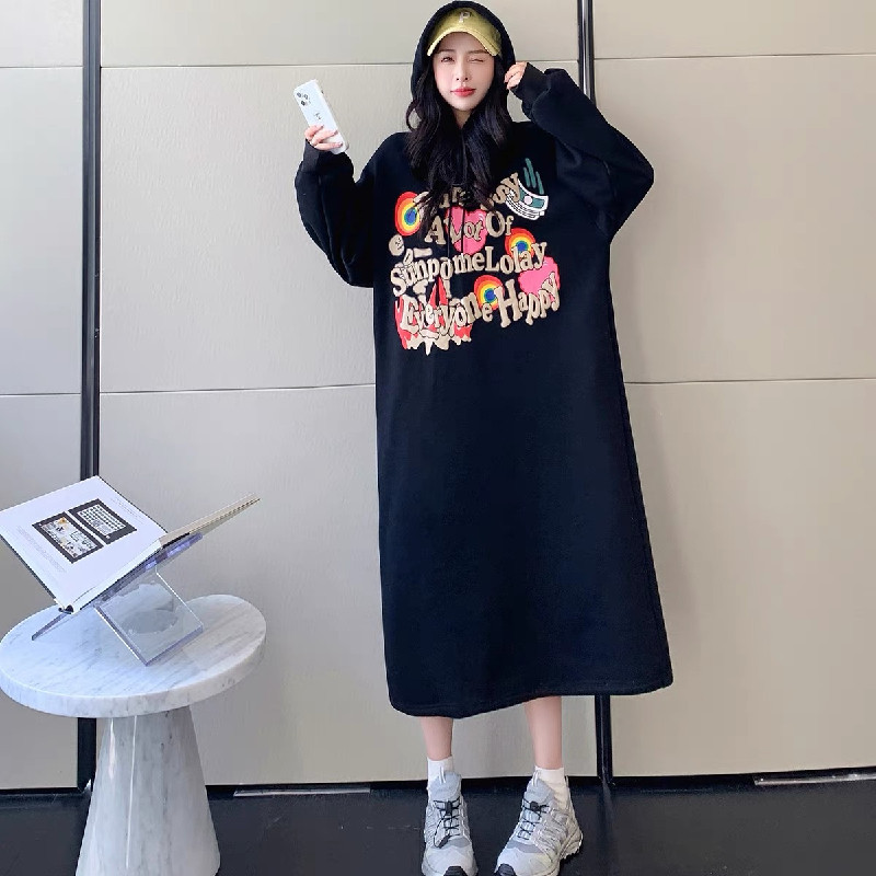 开叉加厚上衣服连帽卫衣裙女涂鸦字母大码宽松长款过膝加绒连衣裙