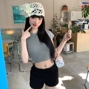 健身女孩夏瑜伽服短袖薄款速干高弹运动上衣显瘦短款露脐训练T恤