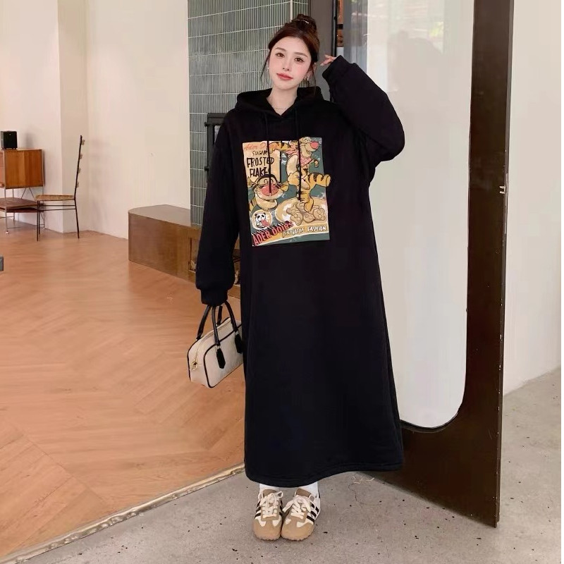 侧开叉加厚连帽卫衣裙女秋冬长裙大码宽松显瘦长款过膝加绒连衣裙