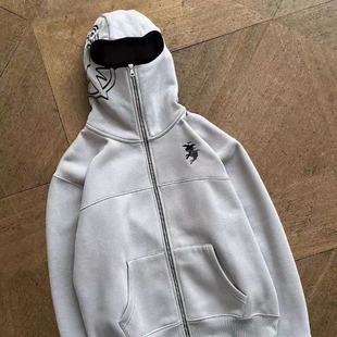 上下双头拉链小众设计新款 hoodie 眼睛可看简约刺绣外套卫 Zip