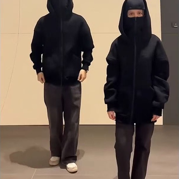 街头黑色俄式双帽卫衣男款秋冬Y2K连帽衫cleanfit外套设计感外贸