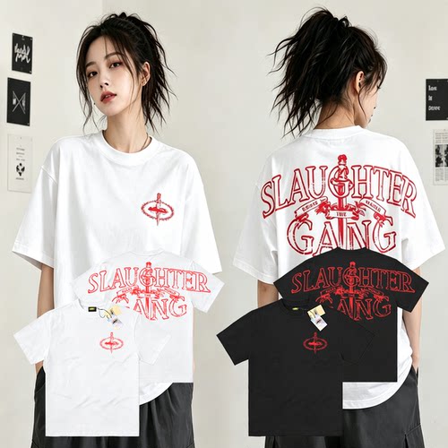 Corteiz 风格 Slaughter Gang 花环剑印花T恤男女美式高街短袖