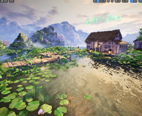 UE5虚幻4素材场景 地编 卡通风格山水风景小木屋模型 湖水材质