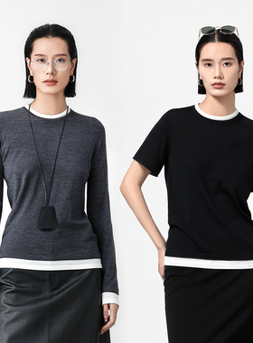 进口120S德国BIELLA黄金羊毛美丽诺打底衫撞色假两件针织衫女上衣