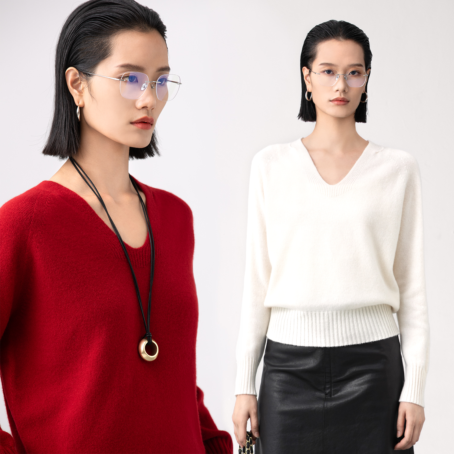 素韧丨澳洲进口100%羊毛针织衫女秋冬新款V领宽松毛衣女短款上衣