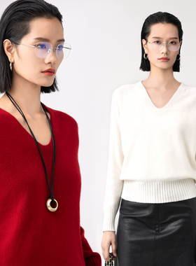 素韧丨澳洲进口100%羊毛针织衫女春秋冬V领宽松毛衣女短款上衣