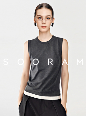 羊毛混纺宽松休闲针织衫女上衣 撞色拼接假两件无袖灰色背心女