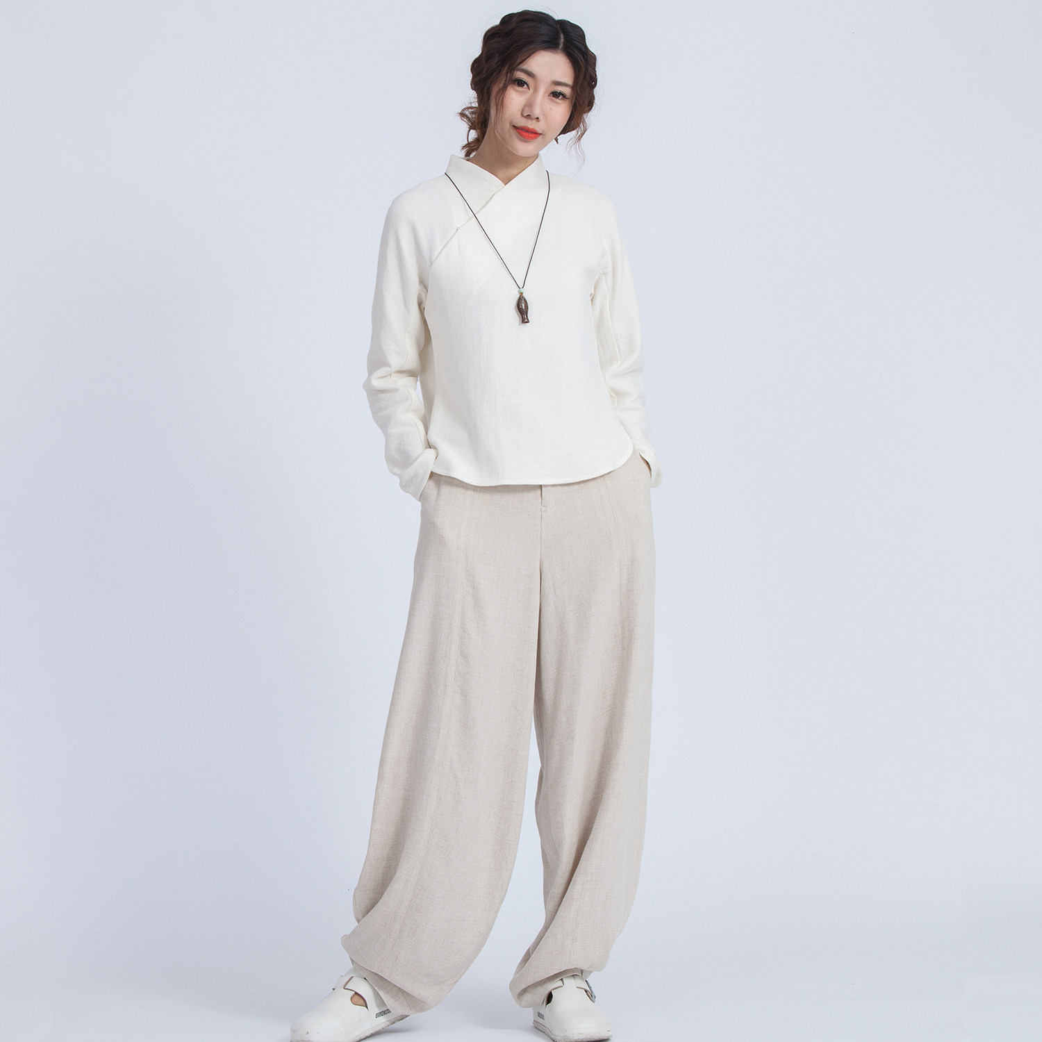 无关里外 新款米色棉麻休闲女裤 打坐瑜伽  垂坠超显瘦 断码清仓