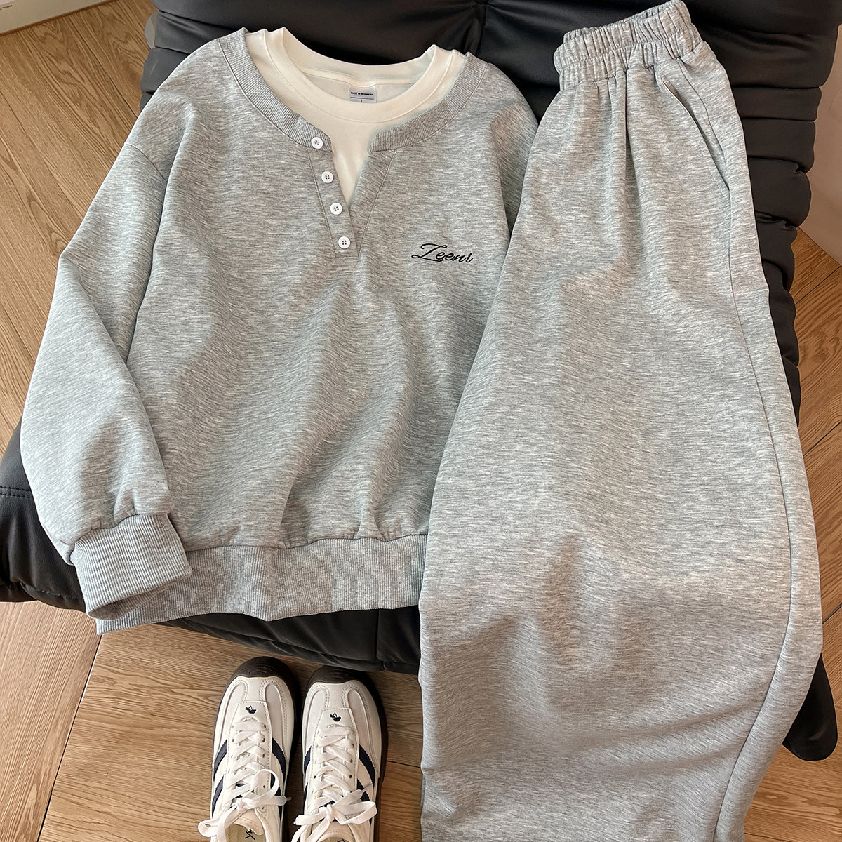 秋日巨好看的两件套！灰色套头假两件圆领卫衣女运动休闲长裤套装,女装/女士精品,时尚套装,淘宝优惠券,粉丝福利购,淘宝优惠卷