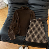 女格纹半身短裙子套装 复古老钱风 显瘦打底衫 修身 秋冬半高领长袖