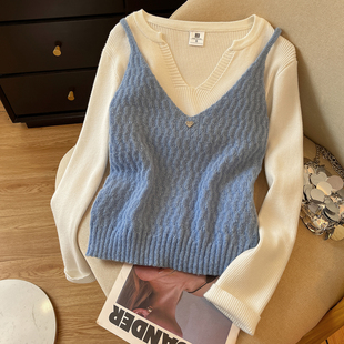 秋日ootd穿搭一整套!V领针织吊带背心女叠穿长袖打底衫气质套装