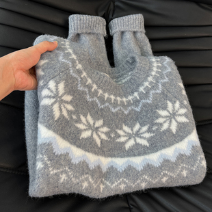 格雷系女孩!灰色费尔岛风圆领提花针织衫毛衣女秋冬新款长袖上衣