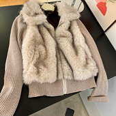 t恤深冬穿搭套装 复古老钱风 假两件毛领拼接针织外套女叠穿长袖