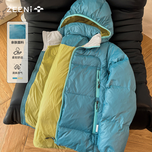 ZEENI 多巴胺轻量化户外撞色拼接连帽棉服女宽松保暖外套冬季棉袄