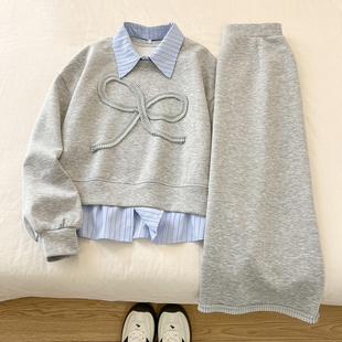 慵懒格调！长期主义通勤穿搭假两件长袖卫衣女半身裙初秋穿搭套装