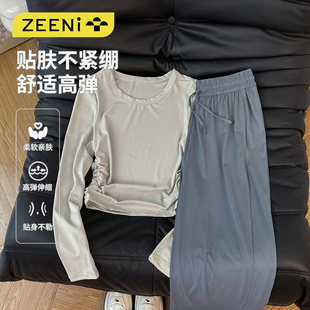 轻户外日常健身穿搭运动套装 t恤女休闲裤 高弹褶皱收腰长袖 ZEENI