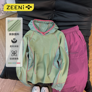 户外健身服徒步运动套装 t恤健身服女休闲裤 多巴胺连帽长袖 ZEENI
