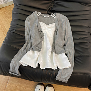 针织开衫 韩系小个子薄款 女叠穿吊带背心上衣 早秋一整套 巨好看