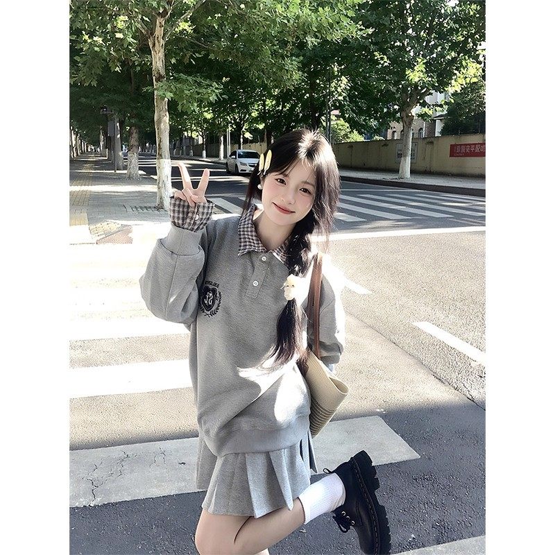 学院风格纹POLO领拼接假两件卫衣女春秋灰色复古宽松长袖刺绣上衣,女装/女士精品,卫衣/绒衫,淘宝优惠券,粉丝福利购,淘宝优惠卷