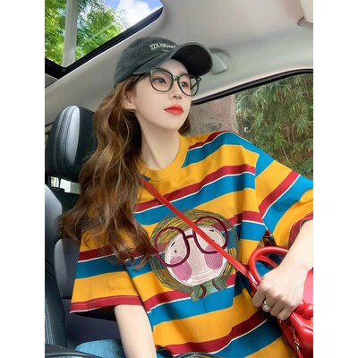 撞色条纹纯棉宽松短袖T恤女