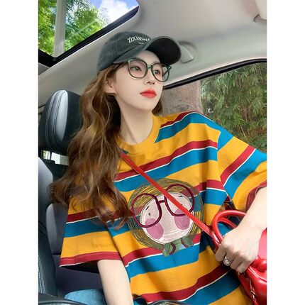 美式撞色条纹短袖t恤女2026新款夏季卡通学院风宽松纯棉橙色上衣