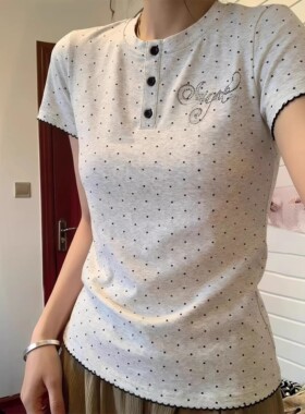 美式灰色波点满印短袖t恤女夏季修身花边设计感小众纽扣圆领上衣