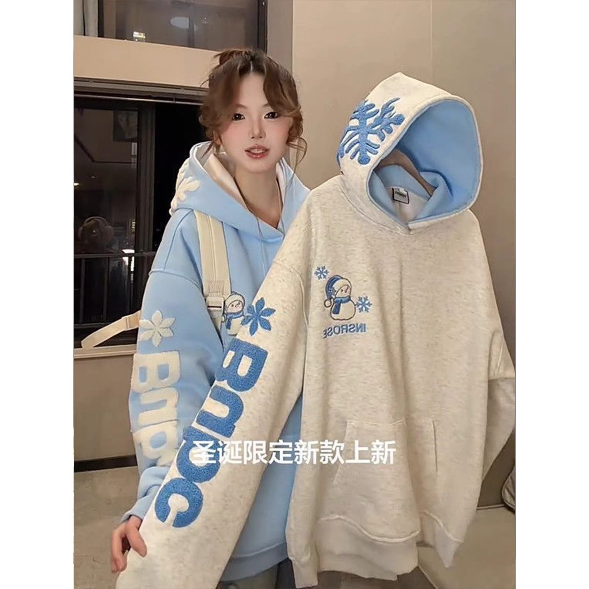 美式高街雪花字母刺绣卫衣女秋冬宽松加绒加厚学院风巨好看的外套