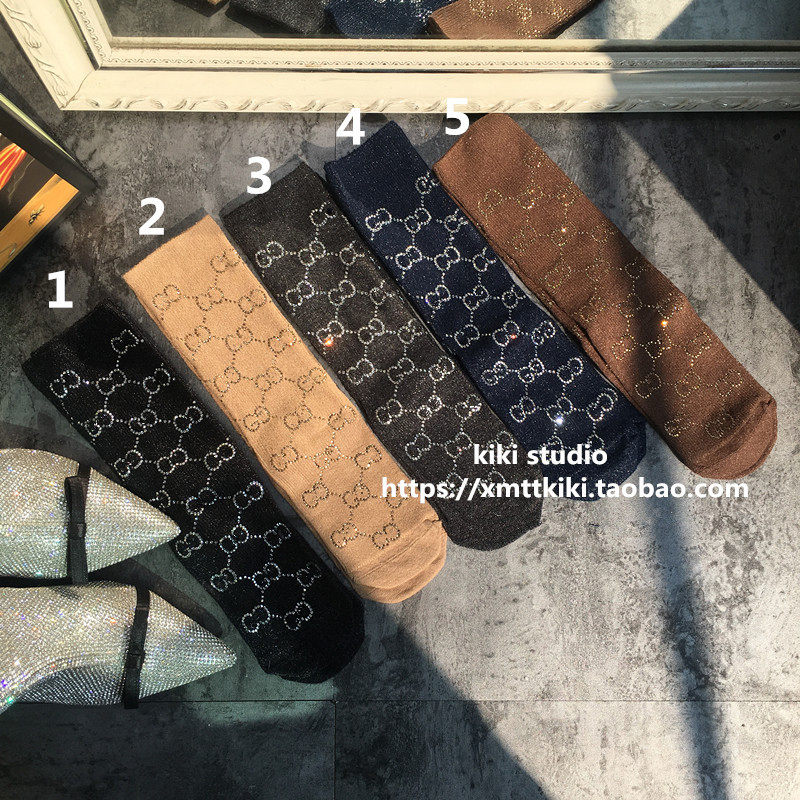 欧洲站抖音ins潮牌字母烫钻亮丝中筒春夏棉堆堆袜潮袜女焦糖色