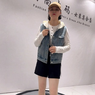 针丝缘子汇4055年货春款 胖妹妹减龄显瘦马甲 牛仔连帽马夹加大女装