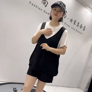 新款 加大码 天骄一生水5208夏季 假两件短袖 女 女装 胖妹妹百搭减龄衫