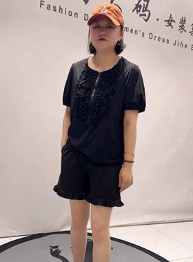 31136女权贵族夏季新款欧货短袖套装加大码女装胖妹妹减龄两件套