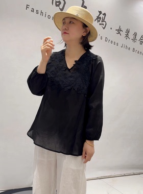 31037女权贵族夏季新款欧货长袖麻料衫加大码女装胖妹妹显瘦上衣