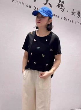 5019芮娜依莲夏季新款欧货短袖T加大码女装胖妹妹宽松显瘦气质衫