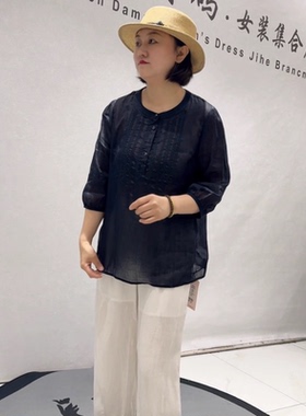 9116芮娜依莲夏季新款欧货苎麻八分袖衫大码女装胖妹妹显瘦气质衫
