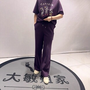 新款 胖妹妹百搭直筒裤 欧货紫色卫裤 女装 女 加大码 1638女权贵族春季