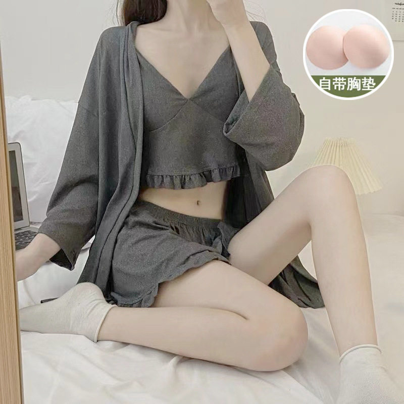 带胸垫睡衣女夏三件套短袖短裤外套高颜值性感纯欲家居服