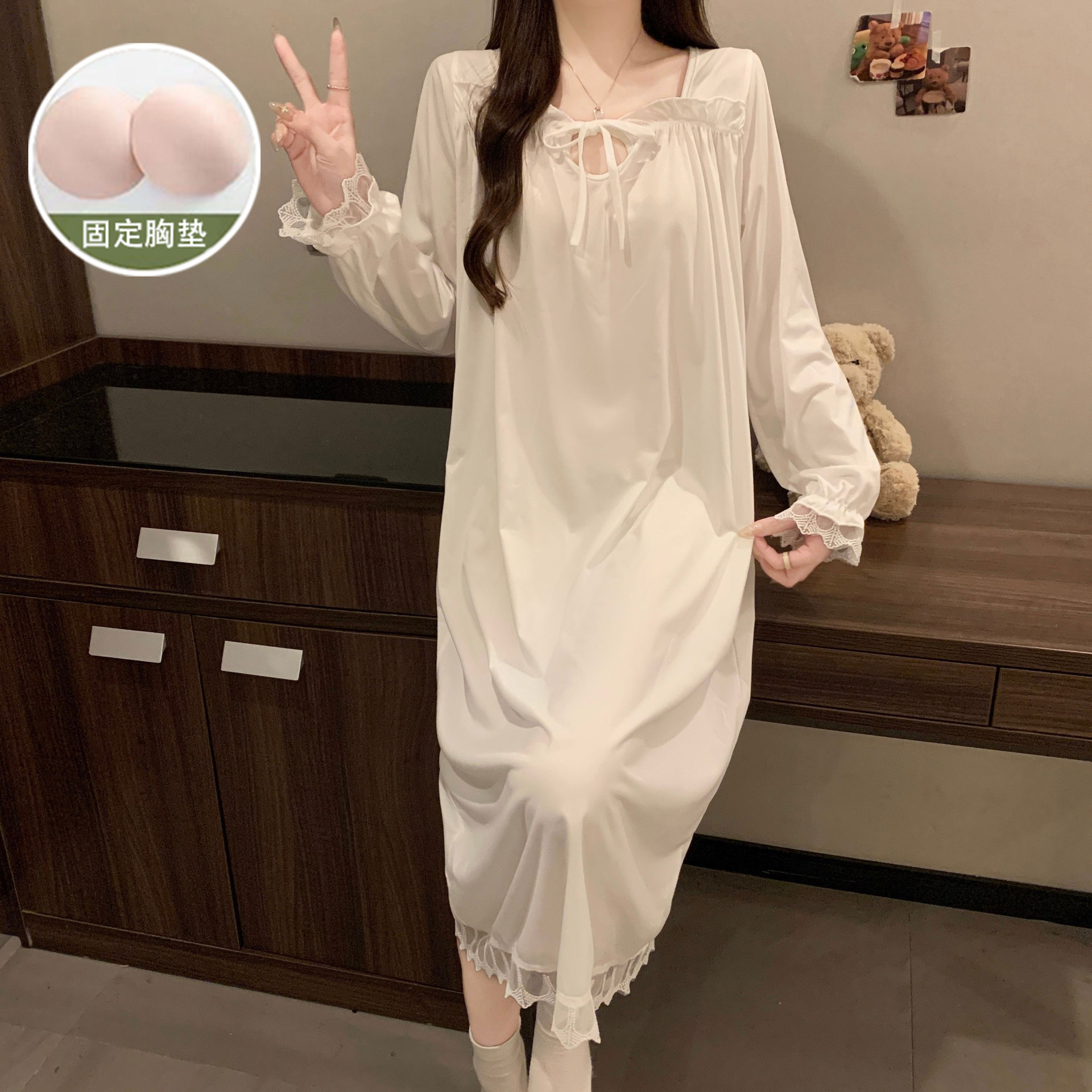 睡衣女款高级感睡裙韩版韩式纯白长袖长裙蕾丝花边女士家居服