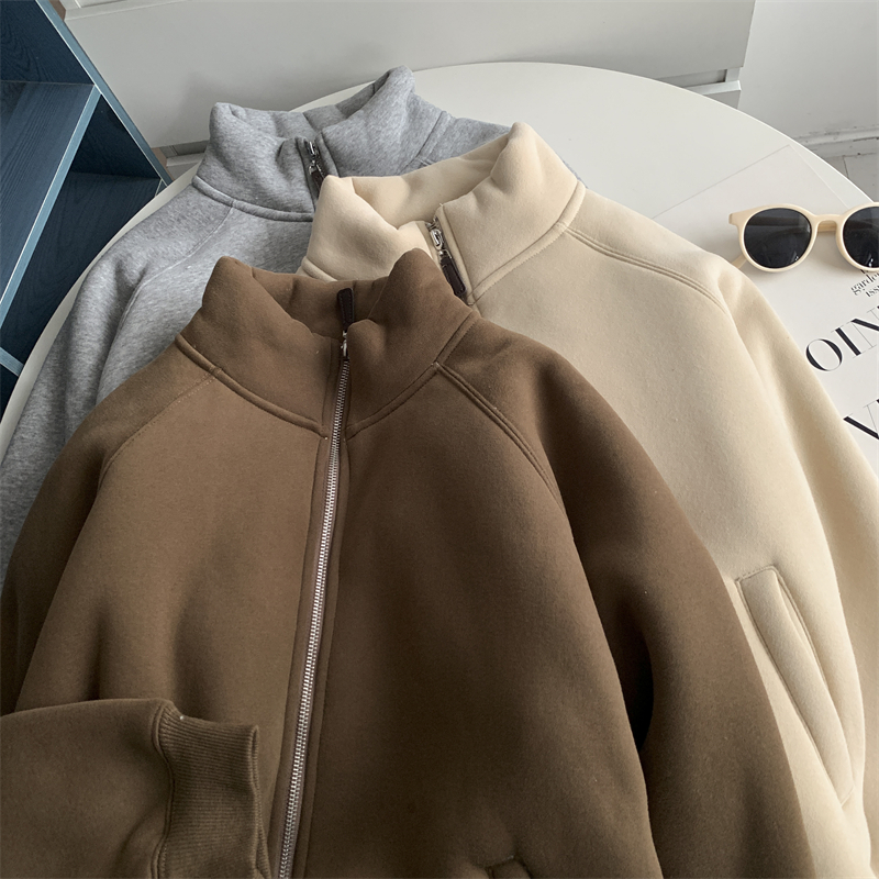 暖绒绒羊羔绒双拉链加绒加厚长袖保暖卫衣懒惰风立领开衫外套冬季