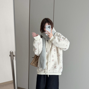 奶杏色卡通猫咪头连帽卫衣初高中学生加绒加厚冬装保暖上衣外套女